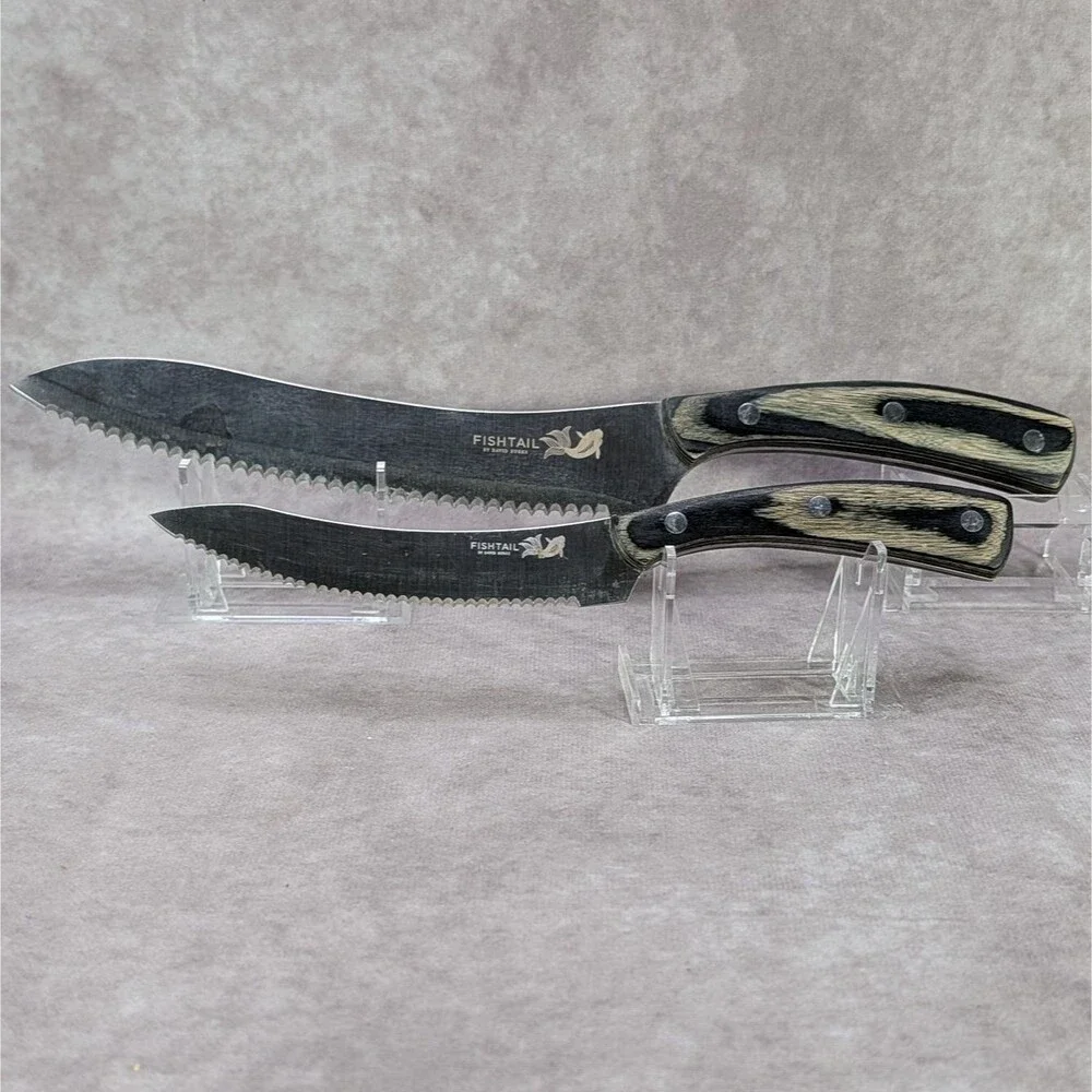 Vtg Fishtail Knives by David Burke Stainless Steel Wood Handle Chef Set Serrated